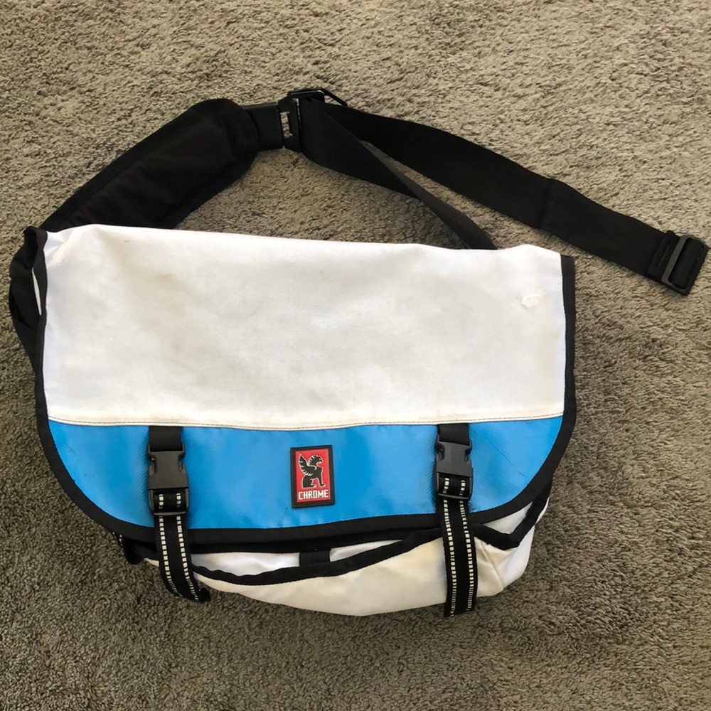 Blue and white Crome messenger bag